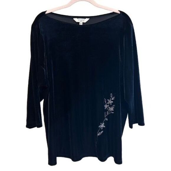 Vintage Black Velvet Boat Neck Top Womens  1X 3/4 Sleeve Embroidered Floral - Picture 1 of 7